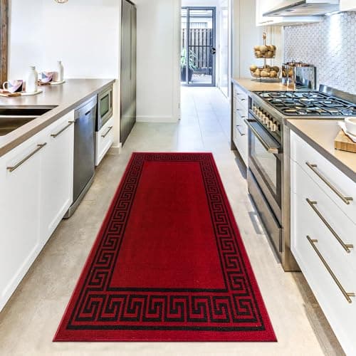 Image of renoazul® Hallway Runner Rug - Non Slip Carpet Runner for Kitchen, Hall and Entrance - Washable Anti Fatigue Mat 66 x 220 cm - Greeky - Red and Black Rug