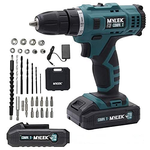 Image of MYLEK 21V Cordless Drill Electric Screwdriver Combi DIY Set Kit, 2 Speed, Fast Charge Li-ion Batteries 2 Pack, Variable Speed, Lightweight, LED Light