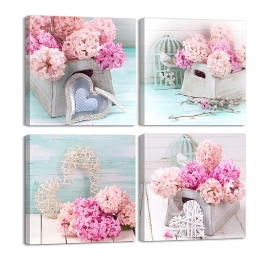 Image of PIY PAINTING 4 Pieces Modern Romantic Heart Pattern Canvas Print Pink Flowers Painting on Canvas Framed Painting for Living Room Bedroom Gift 30 x 30 cm