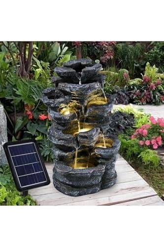 Image of Warmiehomy Solar Water Fountain, 5 Tier Cascading Solar Water Feature 48.8cm Rockery Garden fountains and Water Features, Waterfall with Solar Powered Pump & Warm Lights for Outdoor, Dark Grey