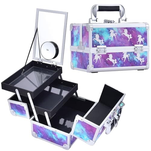 Image of Joligrace Vanity Case Makeup Box Cosmetic Organiser Box Beauty Storage Makeup Up Train Case with Mirror and Magnification(5X) Spot Mirror, Purple Unicorn