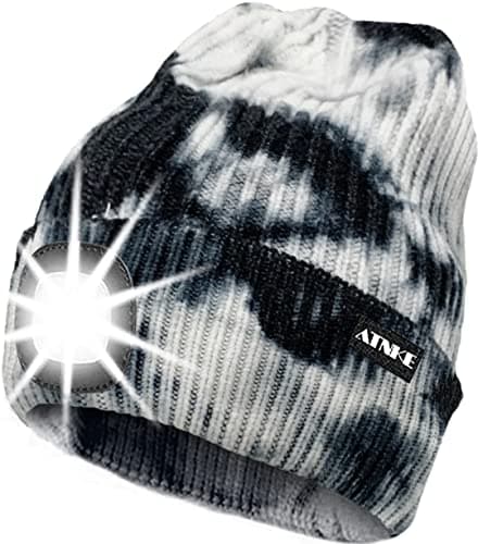 Image of ATNKE LED Lighted Beanie Cap,USB Rechargeable Running Hat Ultra Bright 4 LED Waterproof Light Winter Warm Gifts for Men and Women/Tie Dye Black