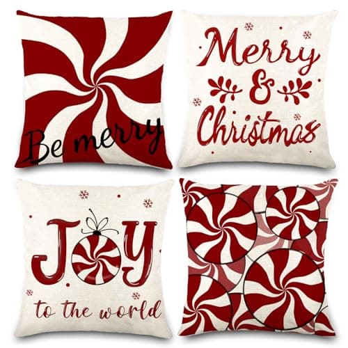 Image of JOLCEEY Christmas Cushion Covers, 18 x 18 Inch Set of 4 Red Candy Xmas Throw Pillow Covers Christmas Winter Square Pillow Case for Living Room Sofa Home Bedroom Decor