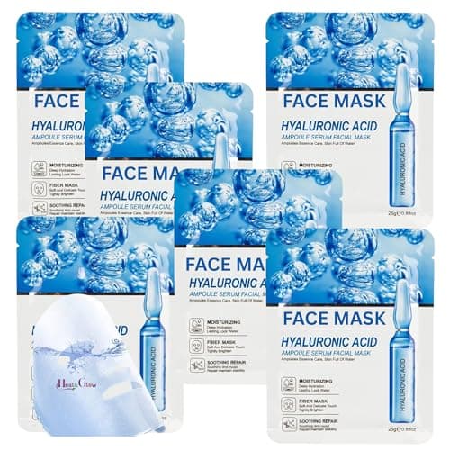 Image of Korean Hyaluronic Acid & Collagen Face Mask Set (6 Pack) – Hydrating Vegan Sheet Masks for Firming & Moisturising Skin, Daily Facial Skincare for Smooth Glowing Radiant Looking, Women & Men