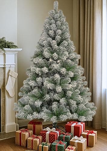 Image of Marco Paul 6ft Frosted Glacier Green Artificial Christmas Tree – 620 Tips, 180cm Snow-Flocked Christmas Tree with Pine Cones - Luxury Realisting Xmas Tree with Metal Stand for Easy Display