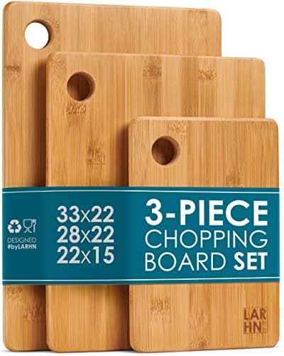 Image of Premium Extra-Thick Wooden Chopping Boards - 3 Piece Bamboo Chopping Board Set - 33x22cm / 28x22cm / 22x15cm - Ideal for Carving Meat, Cutting Vegetables, Cheeses and Bread - by LARHN