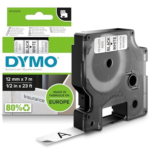 Image of DYMO Authentic D1 Labels | Black Print on White Tape | 12 mm x 7 m | Self-Adhesive Labels for LabelManager Label Makers | Made in Europe