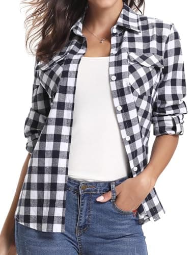 Image of Aottori Women Flannel Checked Shirt Ladies Long Sleeve Cotton Casual Plaid Shirts V Neck Button Down Blouse Top with Pockets Black White L