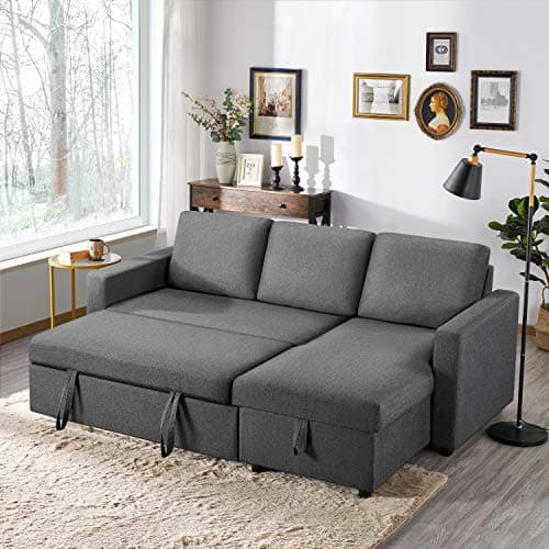 Image of Yaheetech L-Shaped Sofa Bed 3 Seater Couch Pull Out Sectional Couch Bed Convertible Settee Click-Clack Corner Sofa with Storage for Living Room, Office, Grey