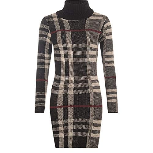 Image of GirlzWalk ® New Ladies Polo Neck Tartan Knitted Midi Women Long Sleeve Bodycon Jumper Dress (Black Check, ML/UK 12-14)