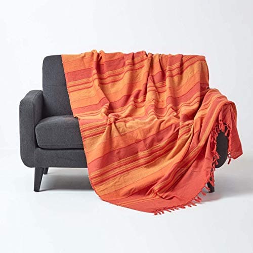 Image of HOMESCAPES Terracotta Orange Throw “Morocco” Cotton Textured Stripe Throw 150x200 cm Bedspread Sofa Throw Handmade Suitable for Armchairs and 2 Seater Sofa or Single and Double Beds