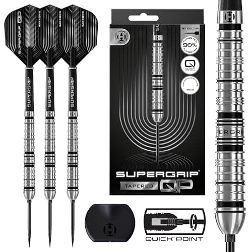 Image of Harrows SuperGrip QP Tapered 90% Tungsten Darts | Steel Tip Darts Set with Quick Point Change System | 22g, 23g, 24g, 26g, 28g & 30g | Includes Supergrip Shafts & 100 Micron Flights (23g)