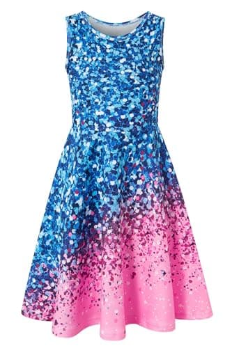 Image of Belovecol Girls Blue Dress Cute Shiny Print Casual Party Sundress Swing Dress for School Party 10-12 Years