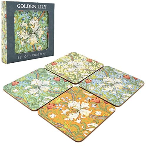 Image of Set of 4 William Morris Golden Lily Floral Design Tea Coffee Cup Table Coasters