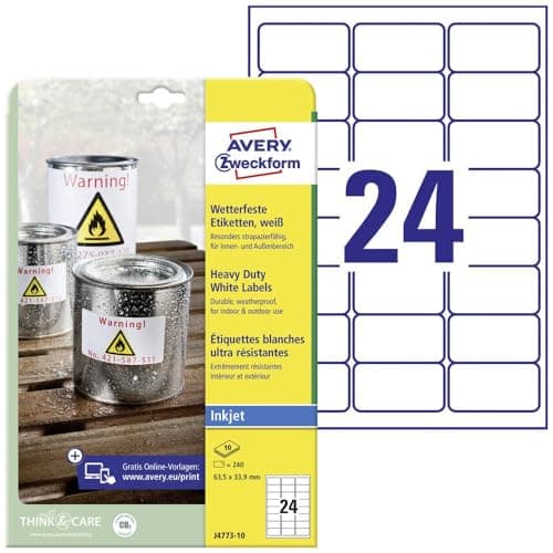 Image of Avery Heavy Duty Labels Inkjet 24 per Sheet 63.5x33.9mm White Ref J4773-10 [240 Labels]