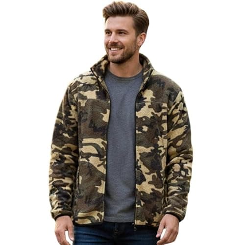 Image of G5 APPAREL Men’s Camouflage Print Fleece Jacket with Full Zip, Chin Guard & Zipped Pockets – Warm Polyester Outdoor Camo Zip-Up