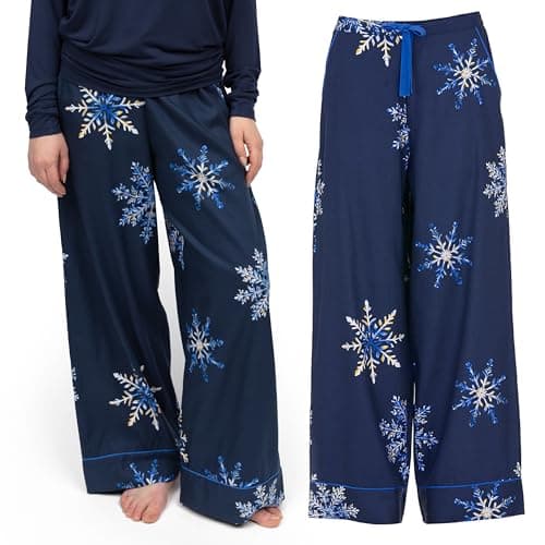 Image of Cyberjammies Frosty Women's Snowflake Print Wide Leg Pyjama Bottoms | Navy Winter Print PJ Bottoms for Women in Soft Cotton Modal Blend with Adjustable Waist, Pockets and Relaxed | Size 8