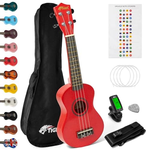 Image of Tiger UKEKIT-RD Soprano Ukulele Kit – Suitable for Beginners and Children – Chromatic Tuner, Strap, Carry Bag, Notes Sticker, Felt Pick, Spare Strings, with Aquila Strings Fitted – Red