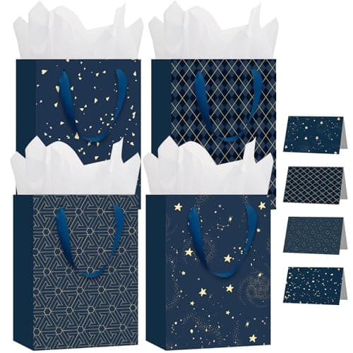 Image of woric 4 Pcs Gift Bag, 27x20x12cm Graduation Gift Bags with Tissue Paper & Greeting Cards Birthday Gift Bags Party Bags for Presents Men Fathers Day Weddings Graduation Anniversaries (4 Styles)