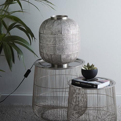 Image of K LIVING Geometric Pattern Moroccan Design Table Lamp | Satin Nickel Basket-Like Contemporary Lighting Solution for Modern Homes | Table Light for Any Room in The Home