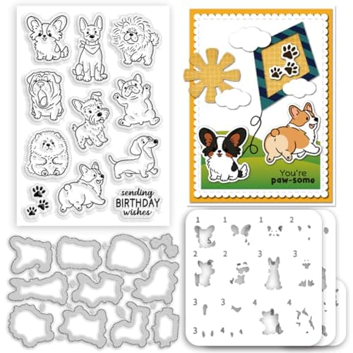 Image of INFUNLY 5PCS/Set Comic Dog Clear Stamps Cute Puppy Layered Painting Stencil 7.8/3.9 Inches Pet Dog Metal Cutting Dies for Card Making Embossing Template DIY Scrapbooking Craft Decor