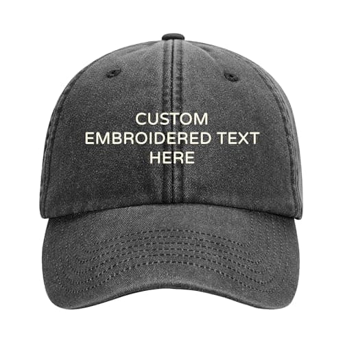 Image of Personalised Embroidered Baseball Cap Custom Name Text Vintage Washed Adjustable Cotton Dad Style Hat Custom Gift for Him Her Mum Dad 15 Colours (Black)