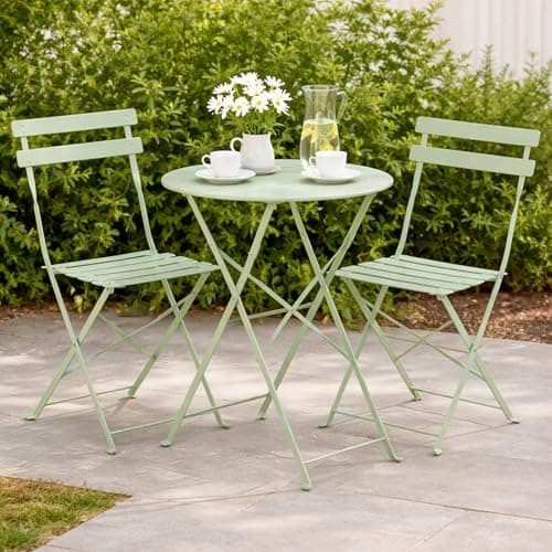 Image of Garden Mile Sage Green 3-Piece Outdoor Bistro Set - Patio Table and Chairs Set - Foldable Garden Furniture for Balcony, Patio & Small Spaces Weather Resistant Metal Bistro Set Lightweight and Portable