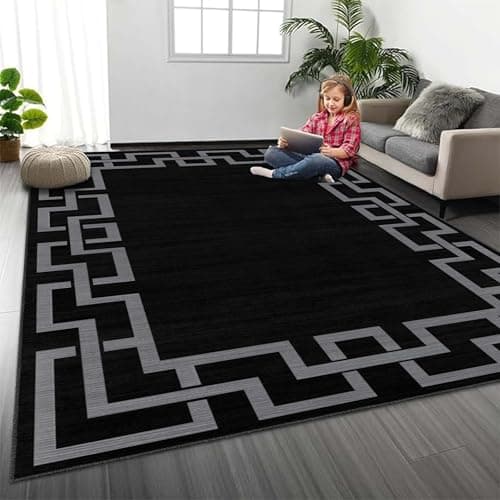 Image of MOONLIGHT20015 Rugs Living Room 120 x 170 cm - Greek Key Style Black Area Rugs for Bedroom Dining Room – Non Slip Large Bedside Rug Printed Carpet for Lounge, Nico Black
