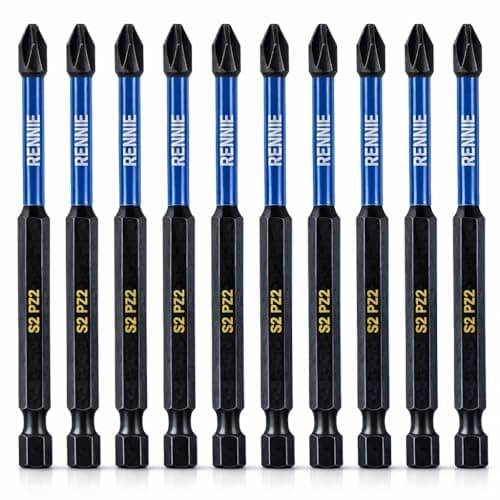 Image of 10 x Rennie Tools 100mm Long PZ2 Impact Screwdriver Driver Bits Set. Heavy Duty PoziDriv POZI No.2 Magnetic Screwdriver Bit Set. PZ2 Impact Driver Bits Pozidrive Screw Accessories. Black Oxide Coated