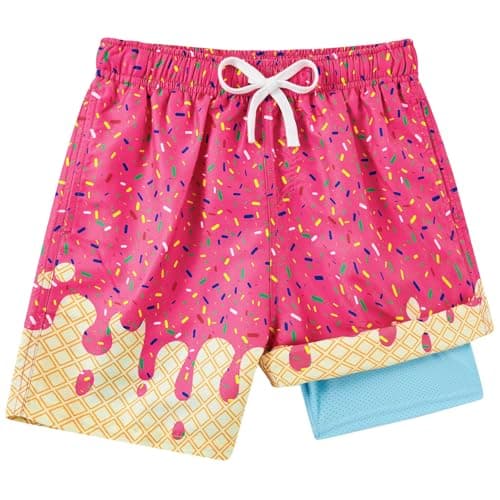 Image of Kids4ever Boys Swimming Trunks with Compression Liner 2 in 1 Quick Dry Stretchy Ice Cream Swim Shorts Elastic Waist Anti Chafe Bathing Shorts Beach Boardshorts Pink 10-12 Years
