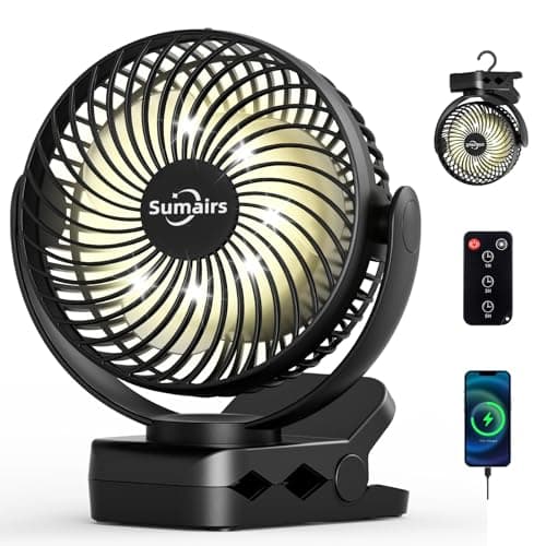 Image of Sumairs 5.5" Clip on Fan, 10000mAh Rechargeable Camping Fan with Max 55H Battery, Remote, LED Light & Power Bank, 3 Speeds, 360° Rotate Desk/Hanging Tent Fan Portable for Outdoor, Travel, Gym & Office