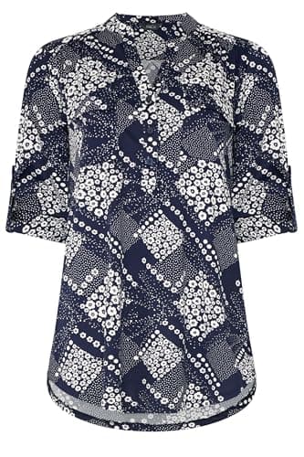 Image of M&Co Blue Ditsy Floral Print Half Placket Shirt - Women's