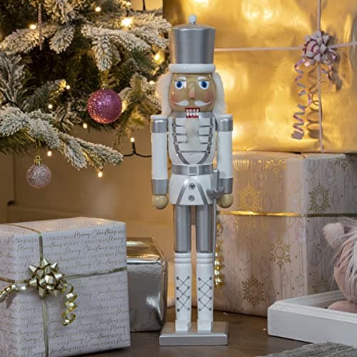 Image of The Christmas Workshop 71049 Wooden Nutcracker 50cm Tall/White and Silver Soldier on Stand/Christmas Decorations