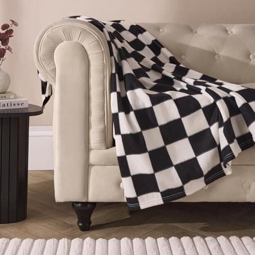 Image of OHS Fleece Blanket for Bed, Soft Warm Cosy Checkerboard Throws for Sofas Settee Couch Decorative Throw Blanket Lightweight Comfy Single Bed Throw, Monochrome - 120 x 150cm