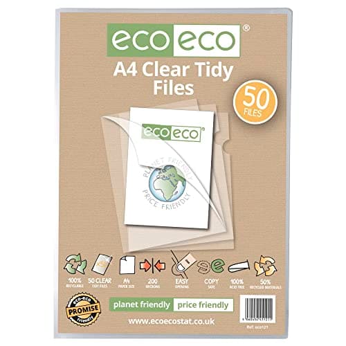 Image of eco-eco Stationery A4 50% Recycled Bag 50 Tidy Report Files, 200 Micron Open Top & Side Covers File Wallets Clear Cut Flush, eco121