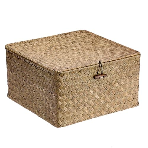 Image of IGNPION Seagrass Storage Basket with Lid Woven Wicker Desktop Basket Rectangular Bathroom Storage Organiser Box, Living Room Decorative Under Shelf Basket Multipurpose Storage Hamper(30x30x16cm)