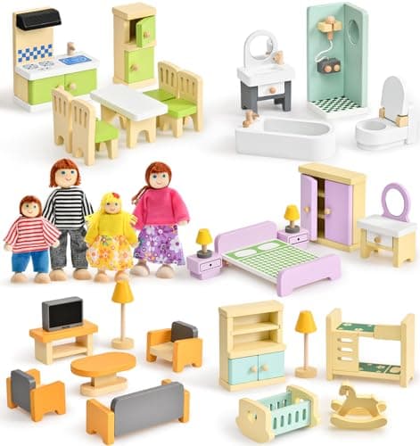 Image of Atoylink Wooden Dolls House Furniture Set, 36pcs Colourful Doll House Accessories with 5 Set Rooms & 4 Family Dolls, Pretend Play Furniture Toys Gift for Boys Girls 3 4 5 6 7 Years Old