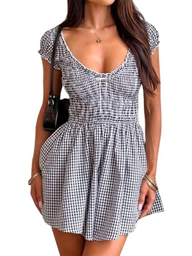 Image of Yoisdtxc Women Loose Playsuits Plaid Front Bowknot Short Sleeve Rompers Summer Short Gingham Mini Jumpsuits Streetwear (A-Black, M)