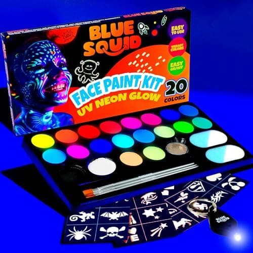 Image of Blue Squid Face Painting Kit for Kids – UV Neon Glow Colors Ultimate Face Paint Kit, Stencils, Book - Safe for Sensitive Skin, Non Toxic Face Painting Kit Professional - Kids Party, Glow in the Dark