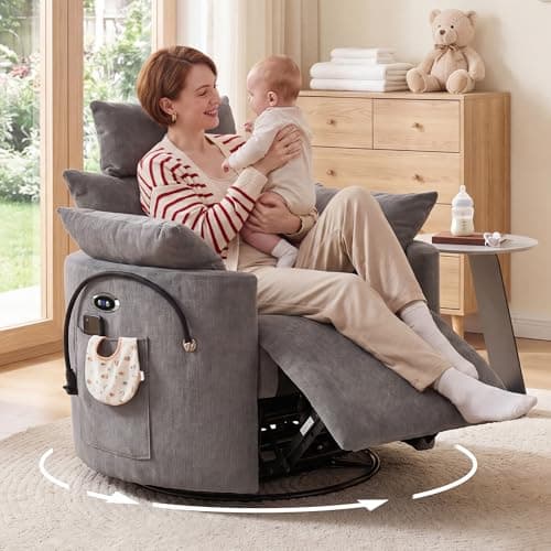 Image of DEKKETO Power Recliner Chair with Adjustable Headrest, Chenille Swivel Rocking Nursing Armchair for Nursery, Lounge Chair with USB Port, Phone Holder, 2 Cushions, 200kg Capacity, Electric, Grey