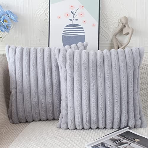 Image of NIULAA Silver Grey Cushion Covers 45 x 45 Fluffy Faux Fur Cushion Covers 18x18 Set of 2 Pillow Covers Soft Plush Pillowcases for Sofa Bed Moroccan Style Home Decor Cushion Cover