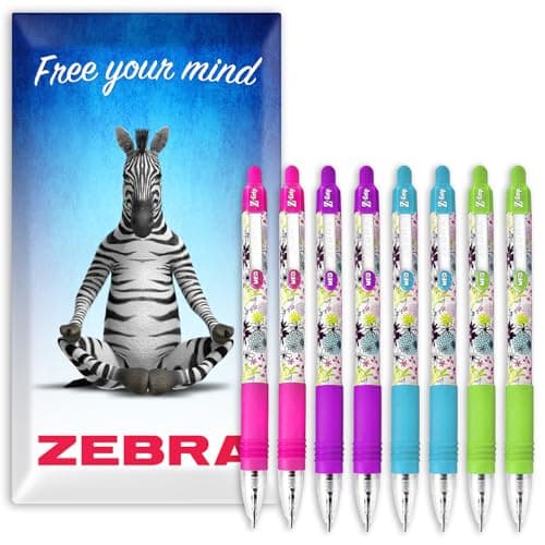 Image of Zebra Z-Grip Funky Brights Retractable Ballpoint Pen - Pink, Violet, Light Blue & Light Green Barrels - Coloured Ink - Pack of 8 - In Envelope Gift Packaging