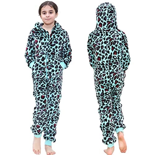 Image of A2Z 4 Kids Girls Onesie Leopard Pyjama Sets A2Z Onesie One Piece Hooded All In One Jumpsuit - E.Soft 154 Mint 7-8