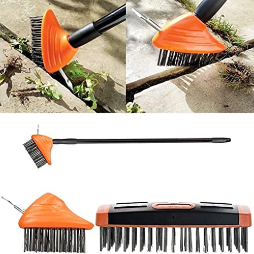 Image of 3 in 1 Extendable Telescopic Handle Paving Garden Patio Cleaner Weed Brush Broom Twin Heads Set, Metal Wire, V-Blade Scraping Tool, Clean Grout, Remove Weeds, Moss Build-Up, Eco-Friendly