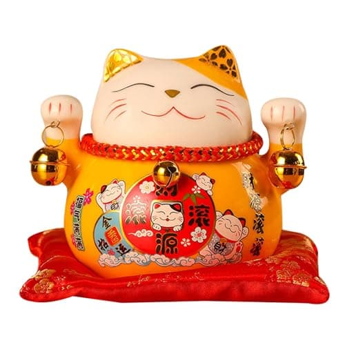 Image of Tissting Lucky Cat Money Box, 4.5in/12cm Ceramic Maneki Neko Cat with 2 Bells, Gold Fengshui Cat Feng Shui Decor for Birthday Christmas New Year
