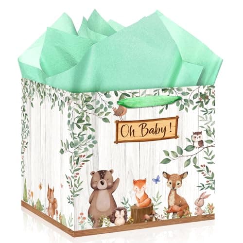 Image of Extra Large Baby Gift Bag, Woodland Animal Square Gift Bag Sage Green Baby Shower Jumbo Gifts Bag Oh Baby Wrapping Paper Bag for New Parents Gender Reveal Party Favors