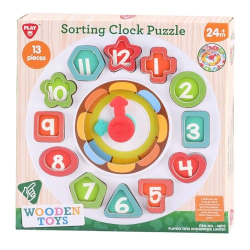 Image of Play Wooden Learning Clock and Sorting Shapes - Educational Toy 13 Pieces