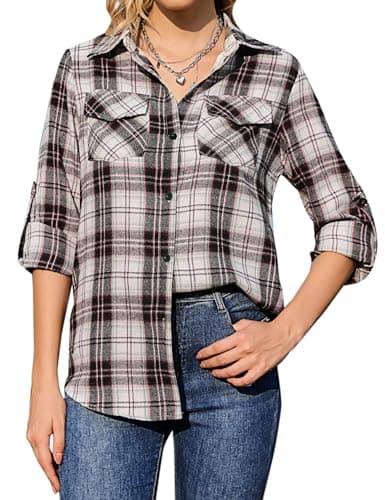 Image of Totatuit Women Checked Top Casual Long Sleeve Button Down Flannel Ladies Plaid Blouse Shirt V Neck with Pocket Black Pink