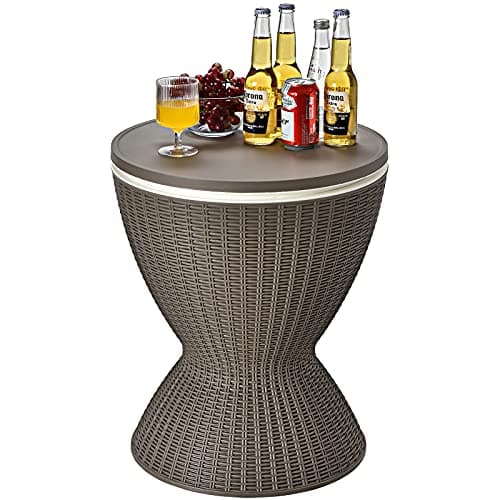 Image of CASART 30L Rattan Effect Ice Bucket, Height Adjustable Bar Beer Cooler Table, Outdoor Coffee Cocktail Table Round Stool for Garden, Patio, Party, Deck and Pool (Brown)