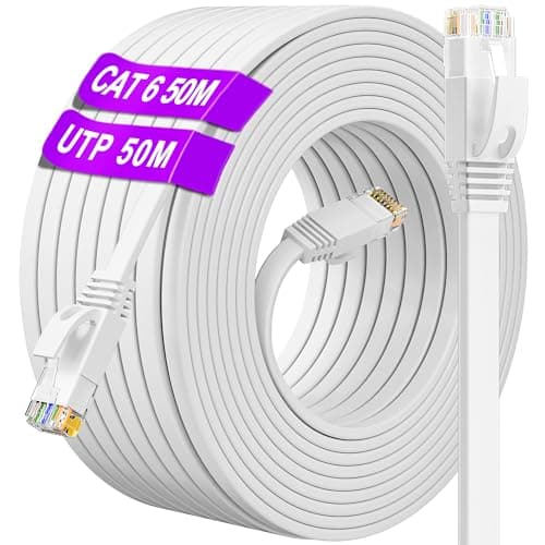 Image of Long Ethernet Cable 50m, CAT 6 Internet Cable 50m High Speed 10/100/1000Mbit/s, Flat Ethernet Network Cable Outdoor Indoor, Gigabit Broadband RJ45 Patch Cable for Router Switch Modem Xbox (50 Clips)